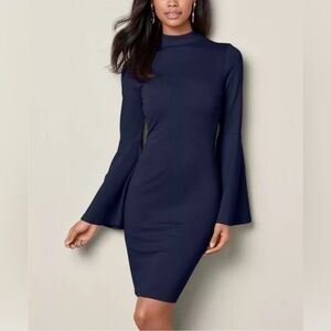 Venus Navy Blue Knit Sheath with Bell Sleeves